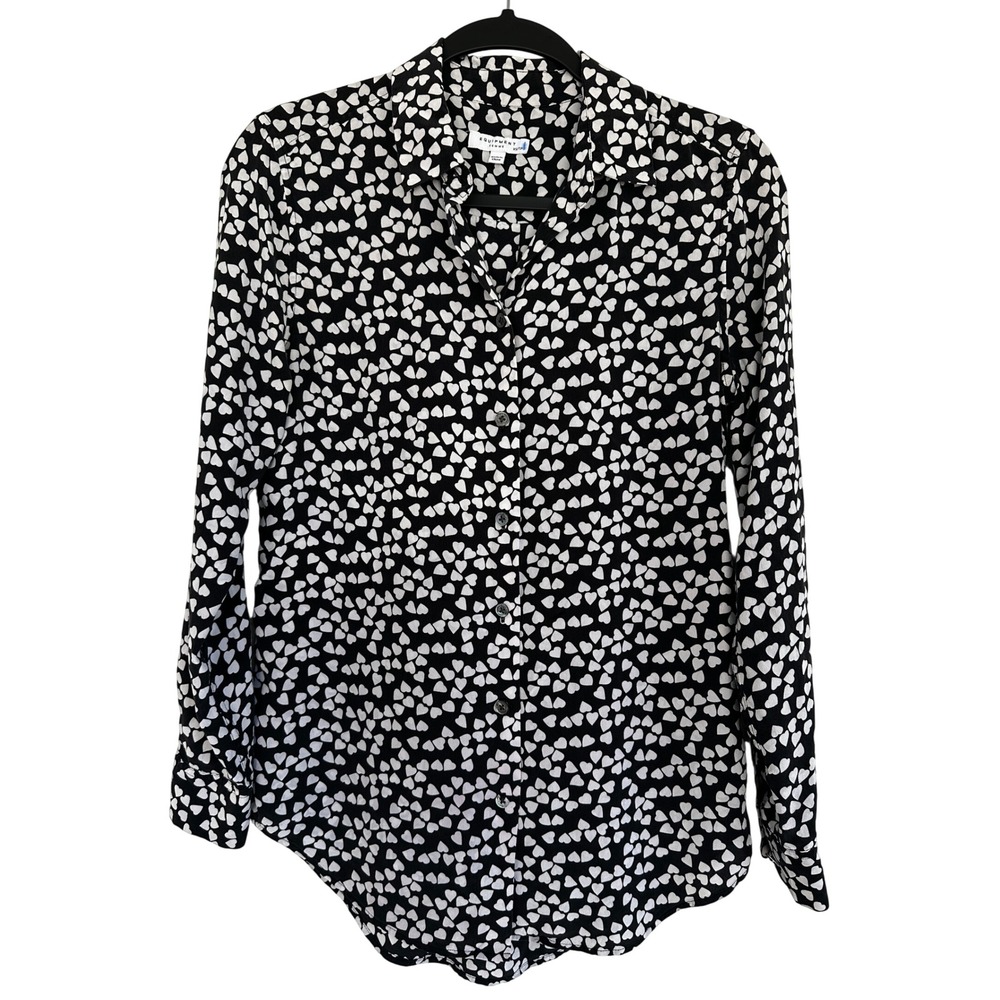 Equipment Black White Heart Print 100% Silk Button Down Blouse XS